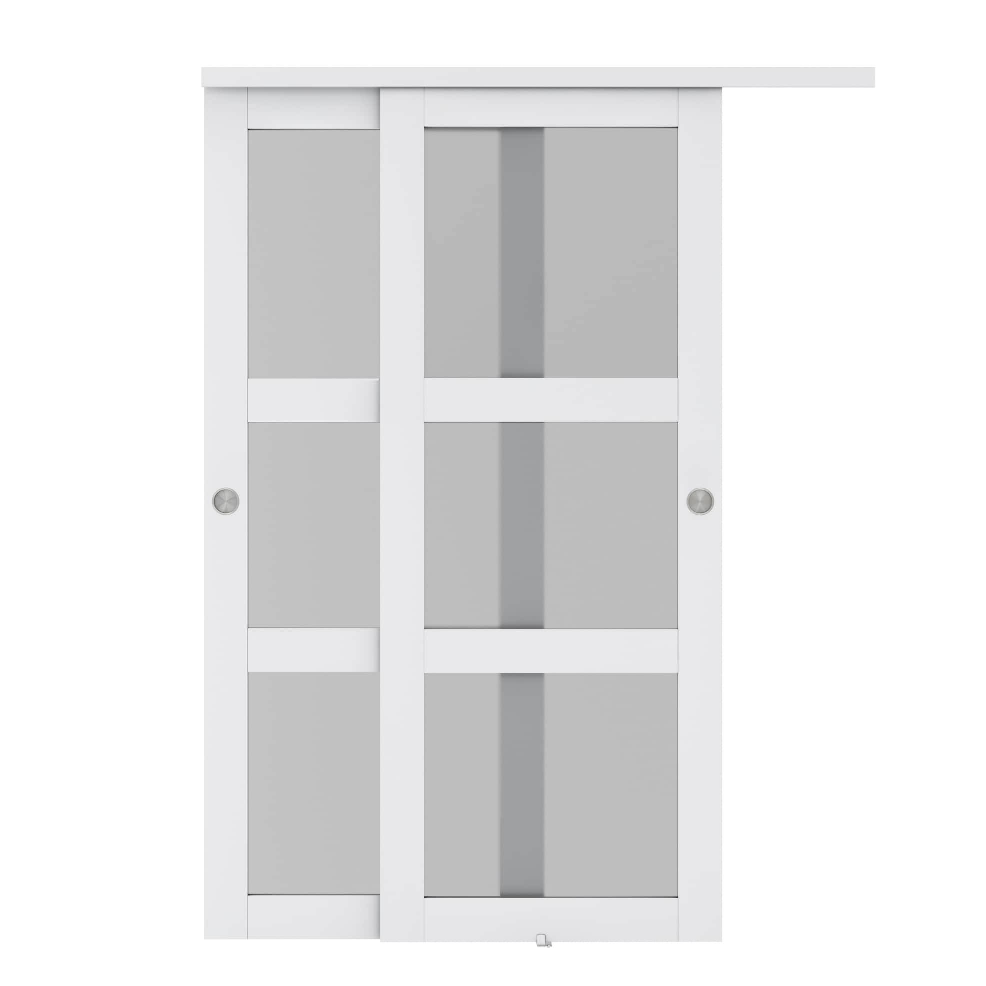 CALHOME 72 in. x 80 in. 3-Lite Frosted Tempered Glass Sliding Double Bypass Closet Doors with Installation Hardware Kit, White