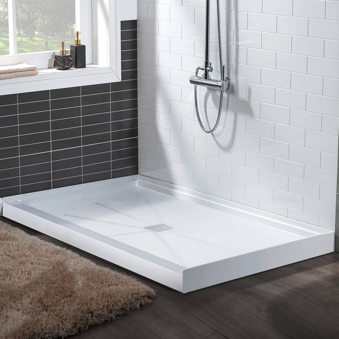 Woodbridge Krasik 48 in. L x 32 in. W Alcove Solid Surface Shower Pan Base with Center Drain in White with Chrome Cover, White with Chrome Drain Cover