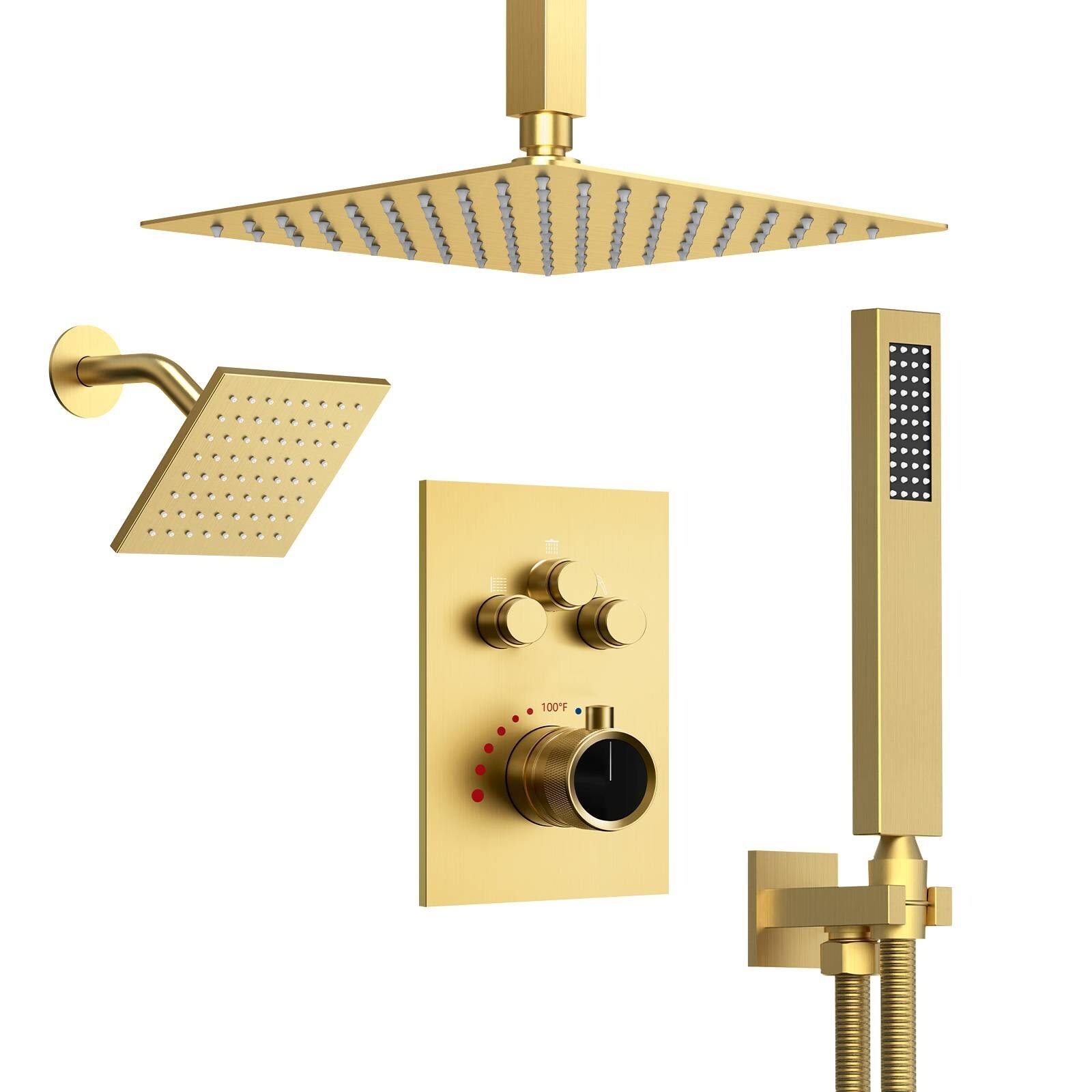 EVERSTEIN Dual Heads 12 inch Rainfall & High Pressure 6 inch Shower System w/ 3 Way Thermostatic Faucet Gold