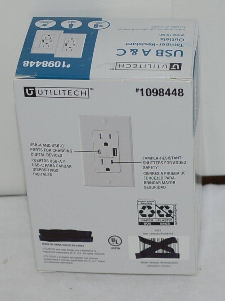 Utilitech 1098448 USB A C Tamper Resistant Outlets 2 Pack