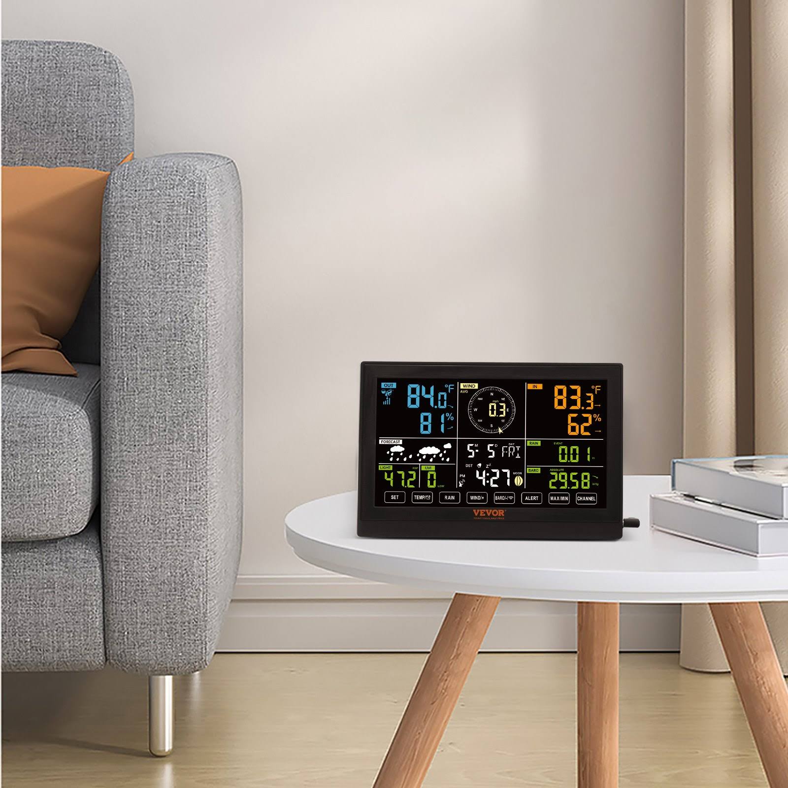 VEVOR 7-in-1 Wireless Weather Station 7.5 in Large Color Display Digital Home Weather Station Indoor Outdoor for Temperature Humidity Wind