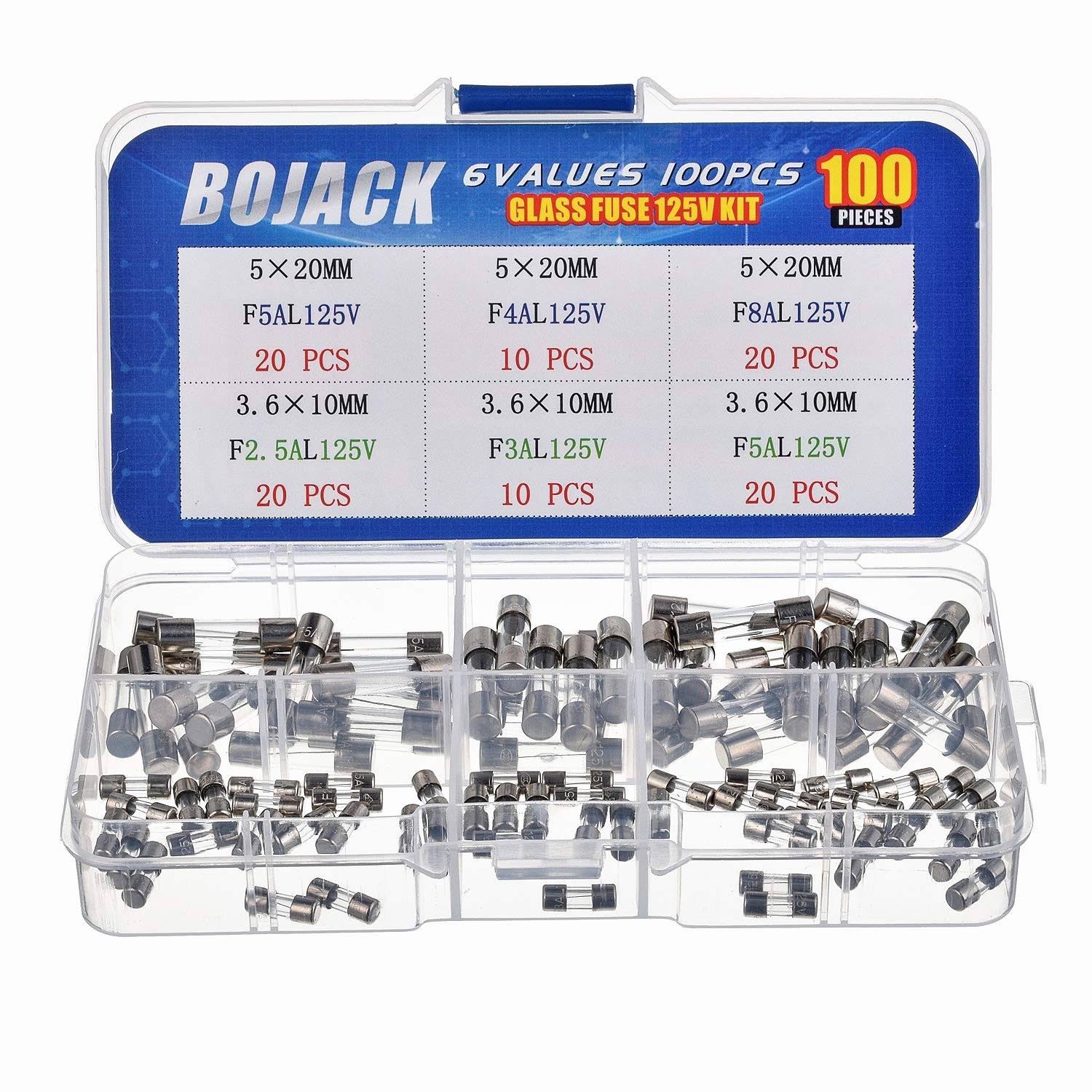 Bojack 6 Values 100 Pcs Fast-Blow Glass Fuses Assortment Kit 3.6x10mm Mini Fuse 125V 2.5 3 5A and 5x20mm 125V 4 5 8A Amp Packag