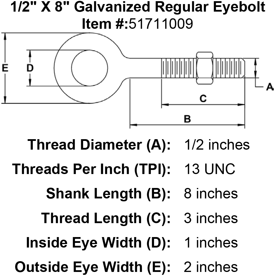 Galvanized Drop Forged Regular Eye Bolts, Size: 1/2 x 8