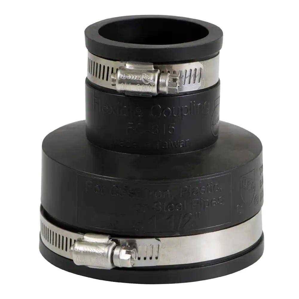 The Plumber's Choice 3 in. x 1-1/2 in. PVC Flexible Reducing Coupling with Stainless Steel Clamps, Black