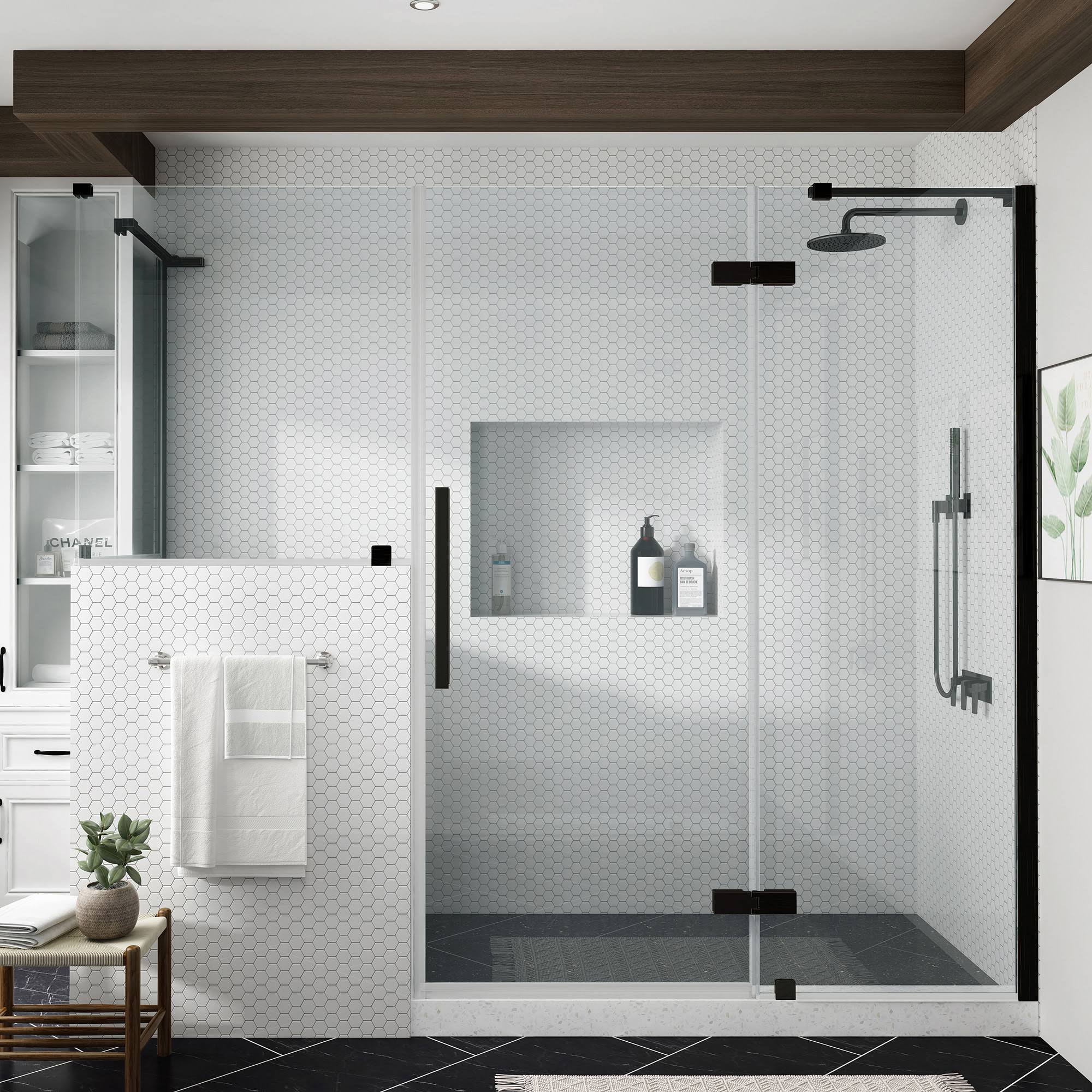 Ove Decors Tampa 92 13/16 in. W x in. H Rectangular Pivot Frameless Corner Shower Enclosure in Orb with Buttress Panel