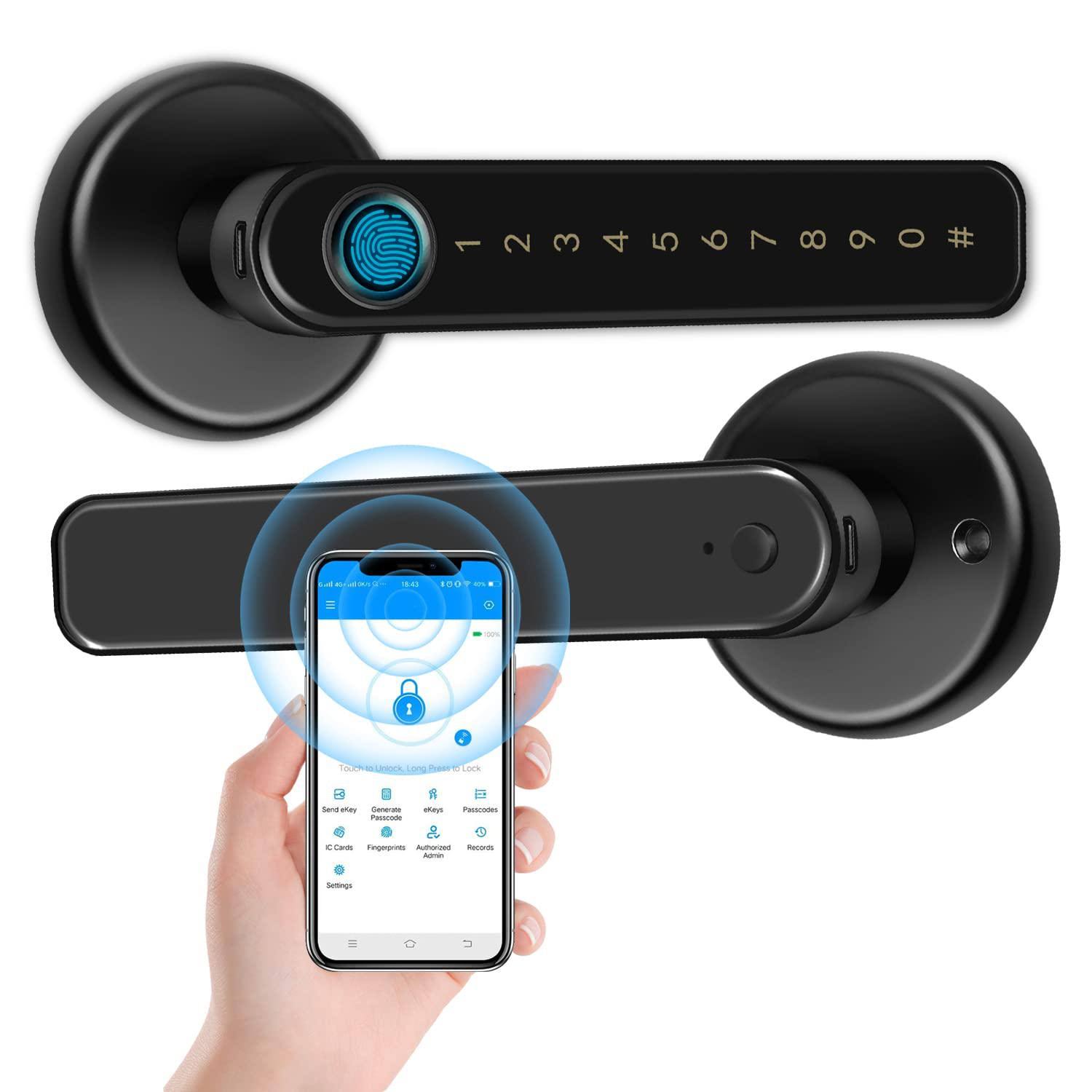 Gekrone Fingerprint Lock with Touchscreen Smart Room Door App Digital Lever Lock Keyless Entry Front Door Knob with Keypad Su