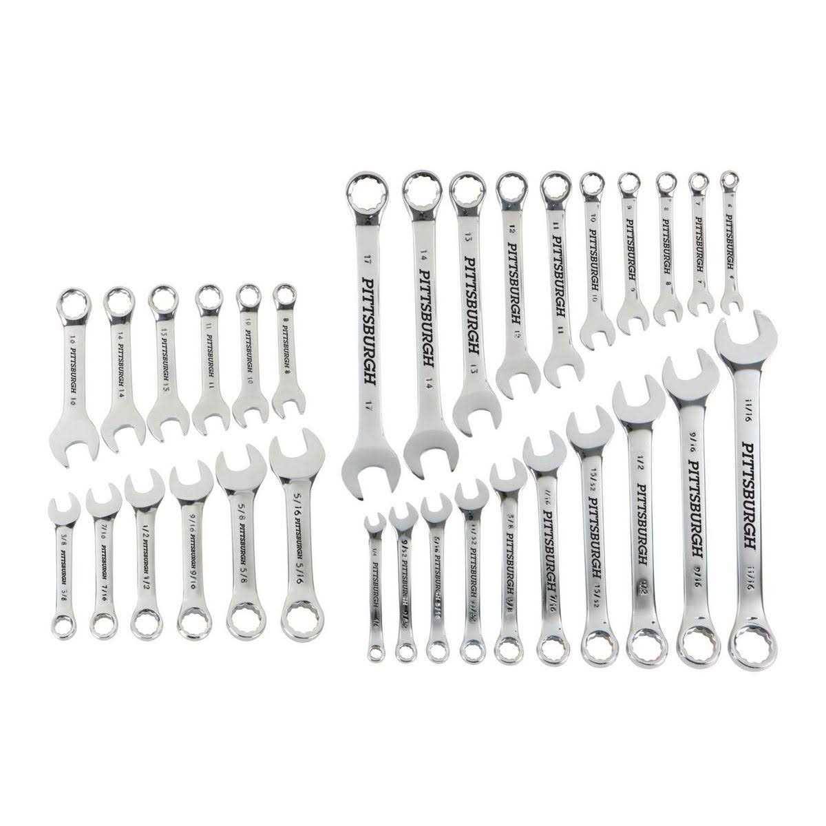 Pittsburgh Fully Polished SAE and Metric Combination Wrench Set, 32 Piece