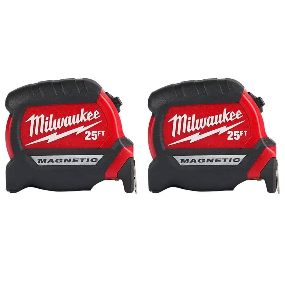 Milwaukee 25 ft. x 1-1/16 in. Compact Magnetic Tape Measure with 15 ft. Reach (2-Pack)