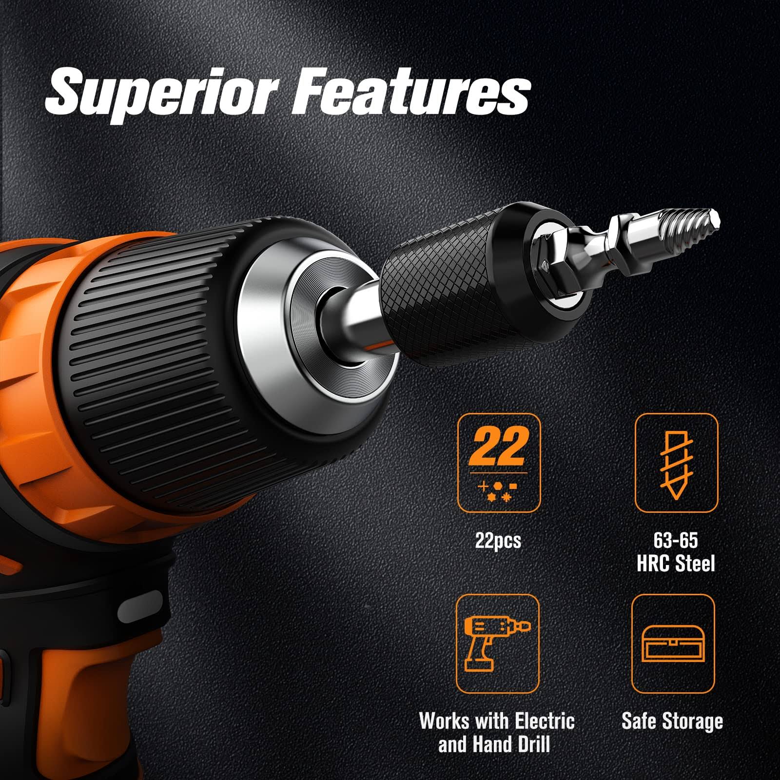 Nuovoware Damaged Screw Extractor Set, 22 Pcs Easy Out Stripped Screw Extractor Kit, All-Purpose HSS Broken Screw Remover Set with Magnetic Extension