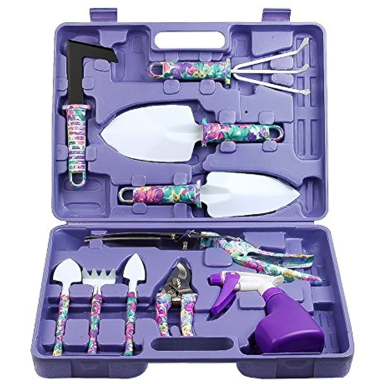 Garden Tools Set, JUMPHIGH 10 Pieces Gardening Tools with Purple Floral Print, Ergonomic Handle Trowel Rake Weeder Pruner Shears Sprayer, Garden