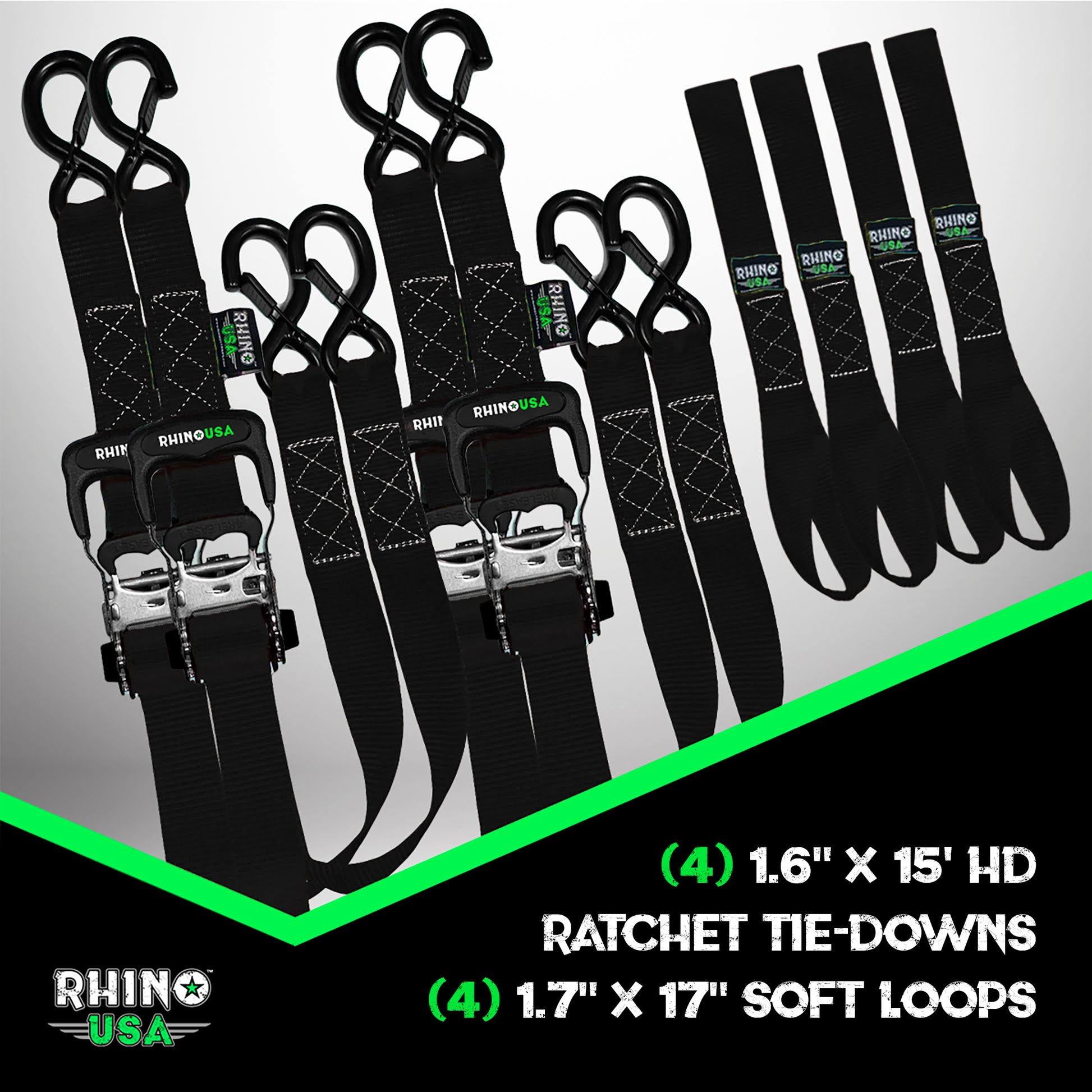 Rhino USA 1.6 inch x 15' HD Ratchet Tie-Down Set (4-Pack Green)