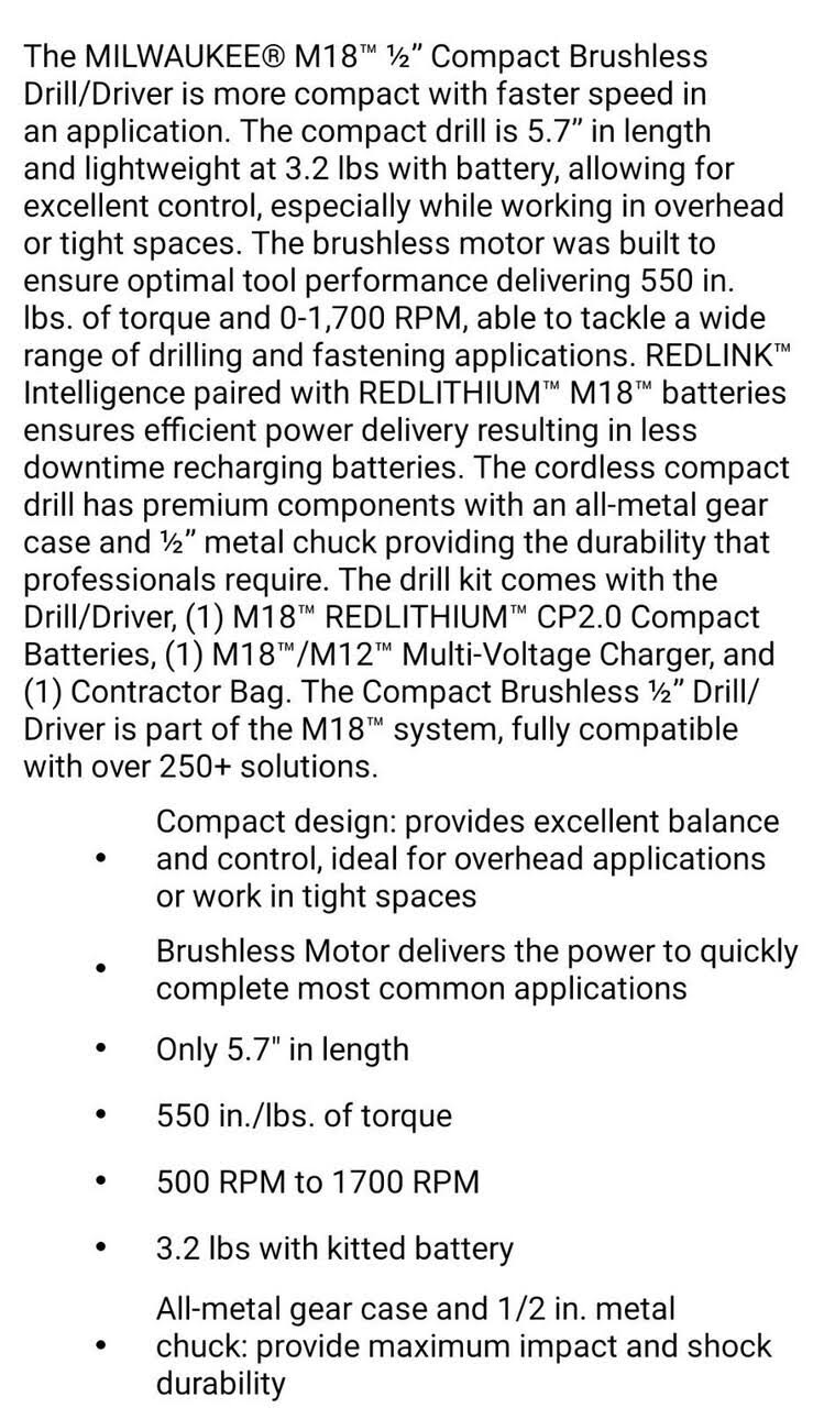 Milwaukee 3601-21P M18 Compact Brushless 1/2