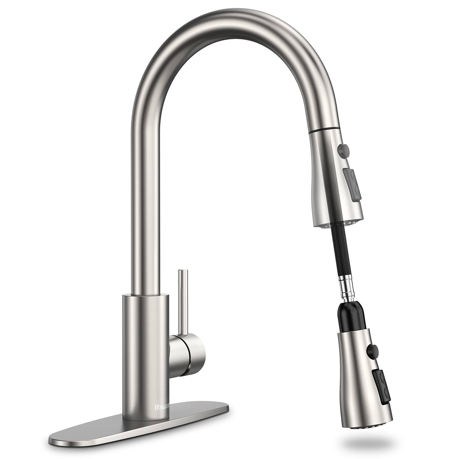 Ifaucet Kitchen Faucet with Pull Down Sprayer, Kitchen Faucets, High Arc Single Handle Kitchen Sink Faucet with Water Lines, Brushed Nickel Kitchen
