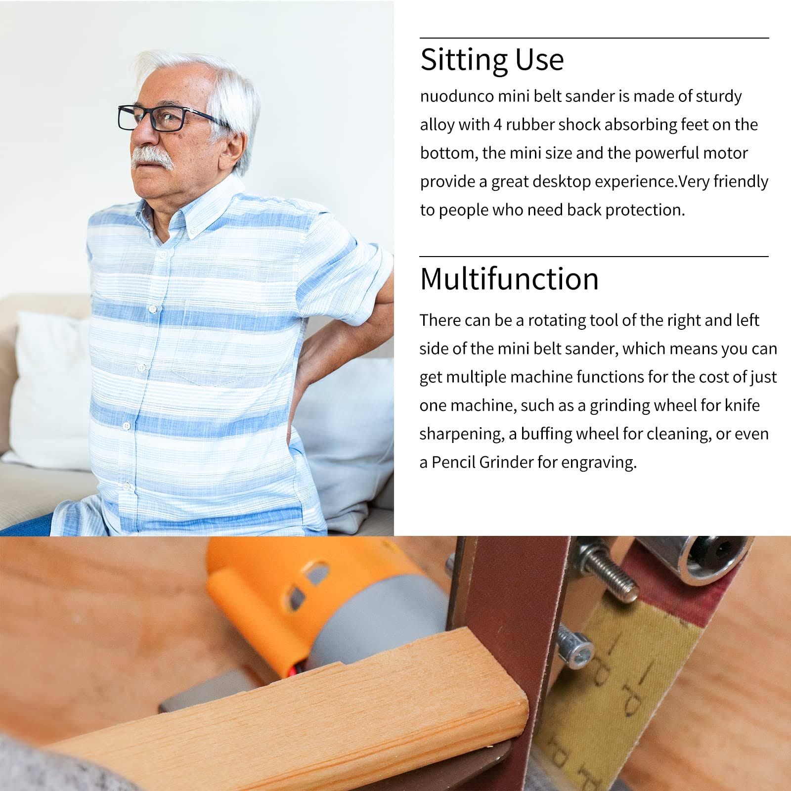 NunDunco Mini Belt Sander- Electric Bench Grinder Sanding Machine, 7 Adjustable Table Top Grinder Polisher for DIY Woodworking, Metal Grinding,
