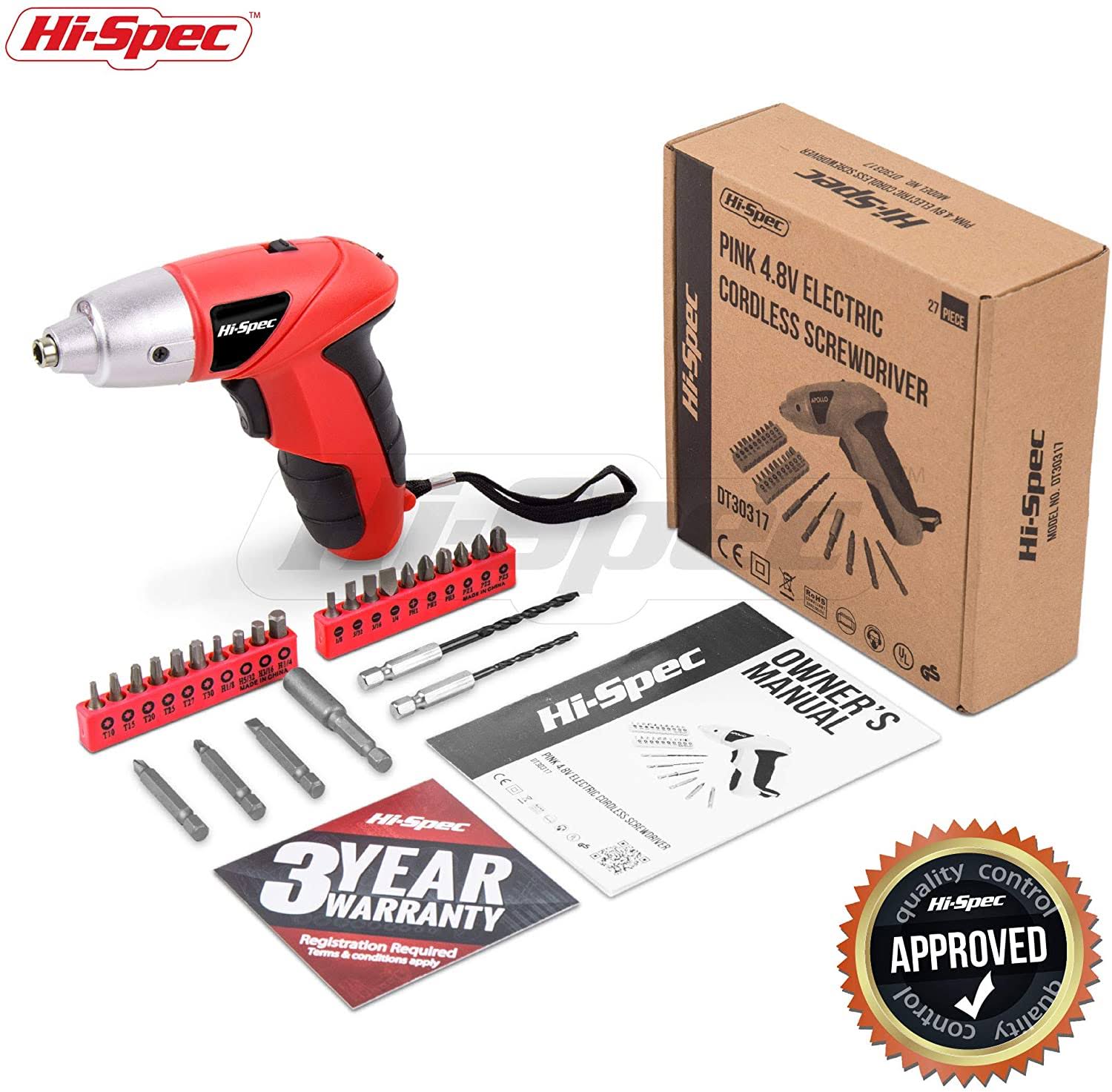 Hi-Spec 27pc 3.6V Red USB Small Power Electric Screwdriver Set. Cordless & Rechargeable with Driver Bit Set