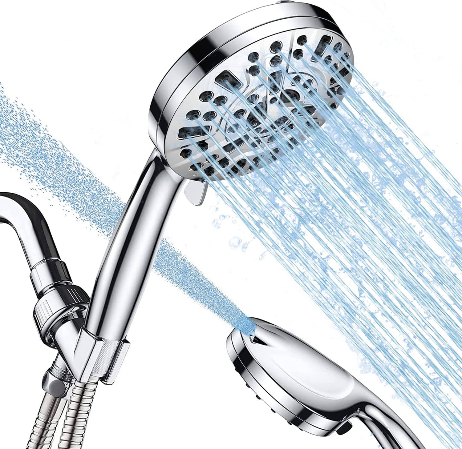 Likense High Pressure Shower Head with Handheld, 10 Spray Settings Water Saving Shower Heads with Stainless Steel Hose,Holder & PTFE Tape, Wider