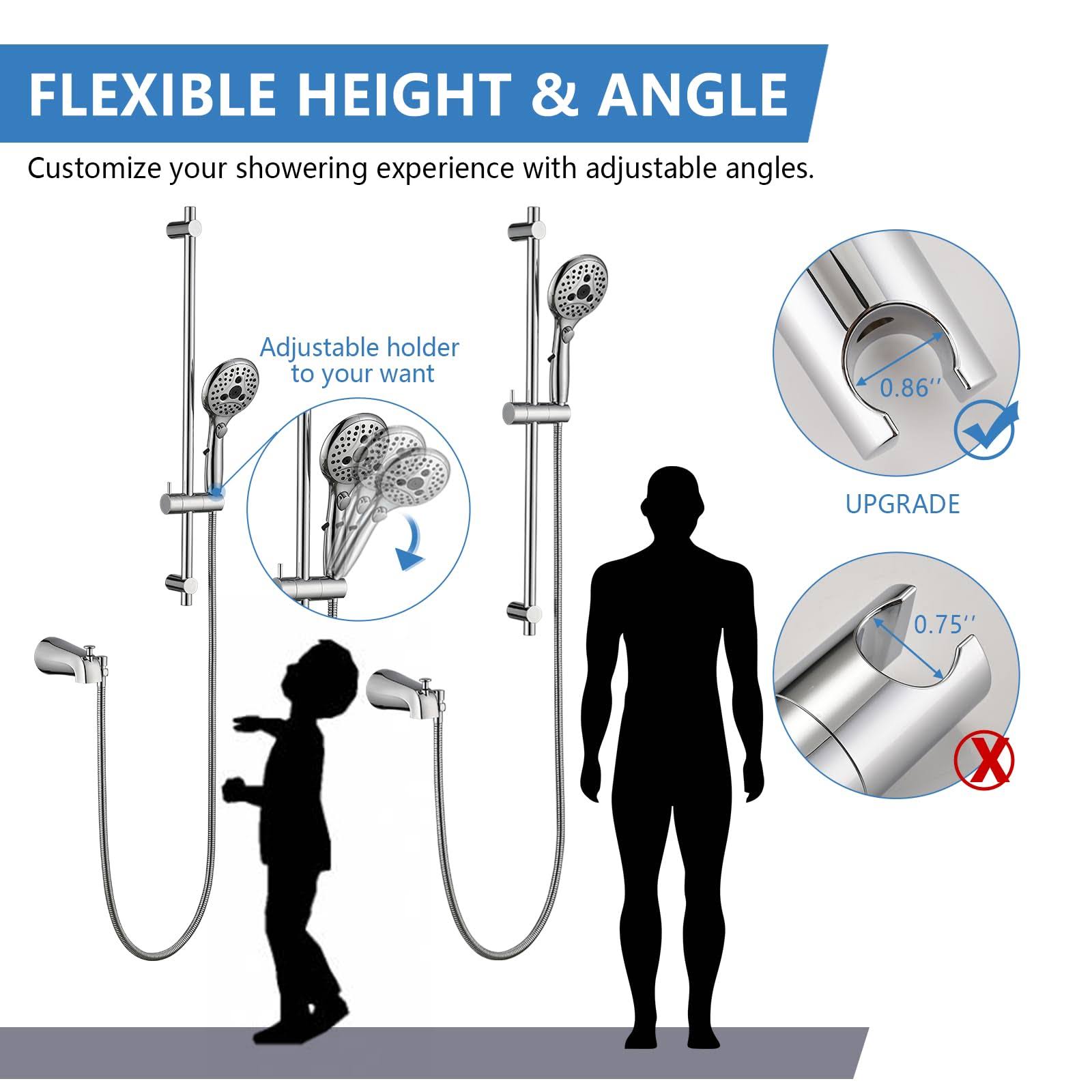 PROOX All Metal Diverter Tub Spout, 6 Settings Hand Held Shower with On/Off Pause Switch, Adjustable Slide Bar, Chrome
