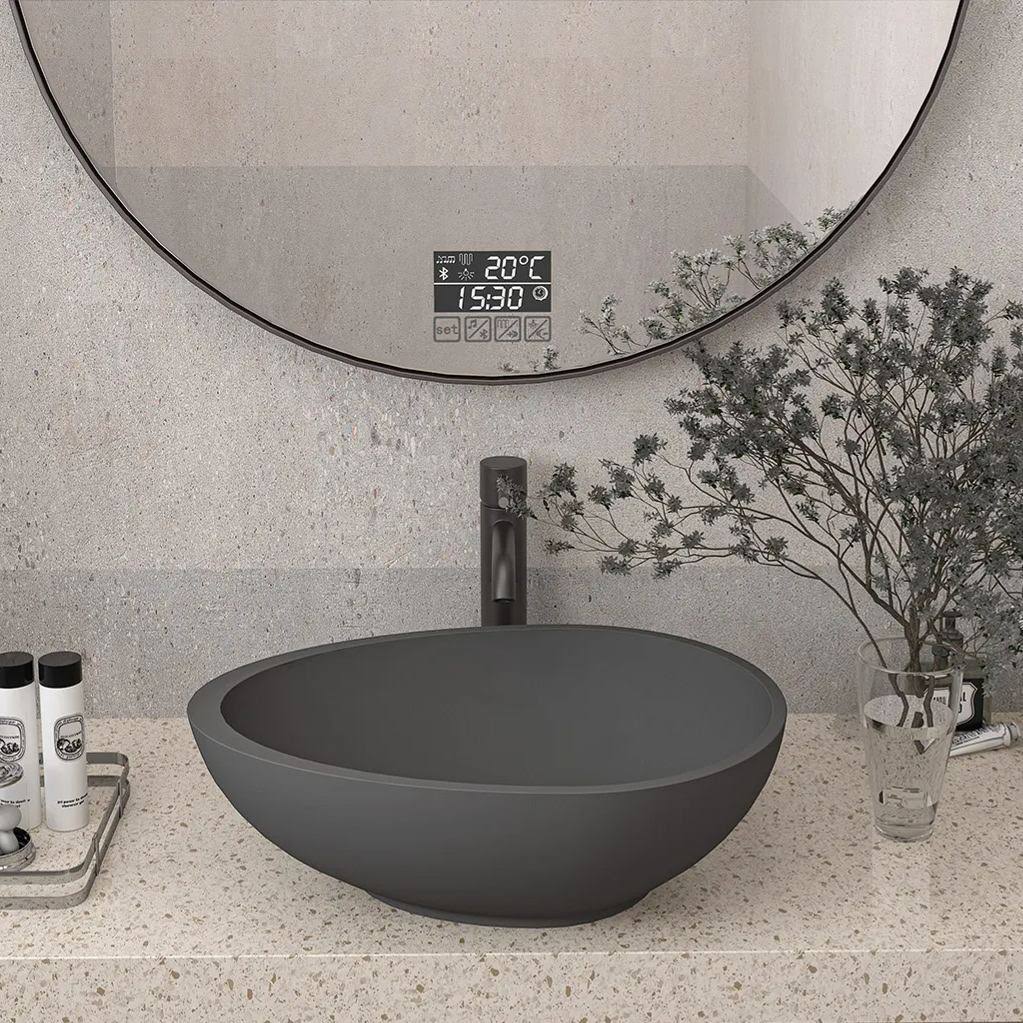 CASAINC 21in Bathroom Egg-Shaped Concrete Vessel Sink with Drainer in Black Earth / Mottled Bluish Grey / Blue Ashes