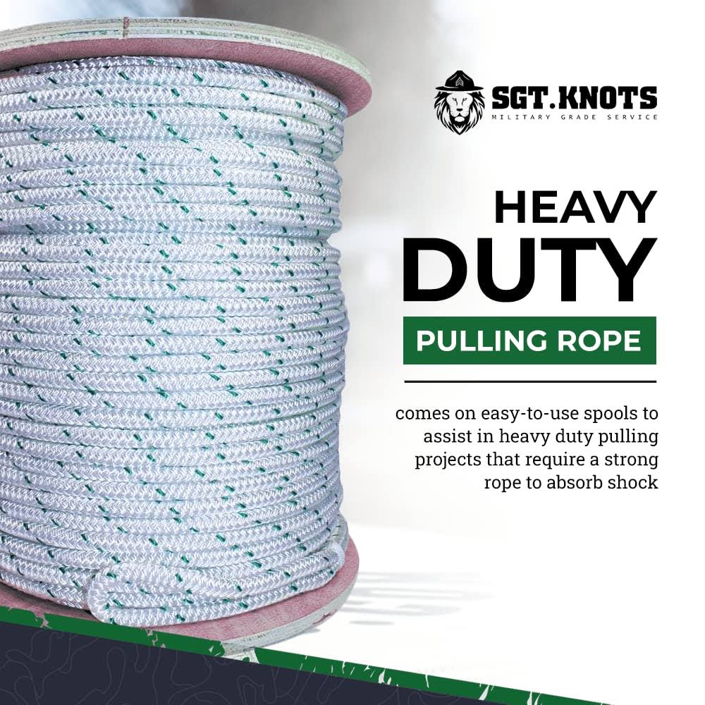 Double Braid Polyester Pulling Rope | 1/4 in | 1200 ft | White with Green Tracers | Rope & Cord Superstore | Sgt Knots