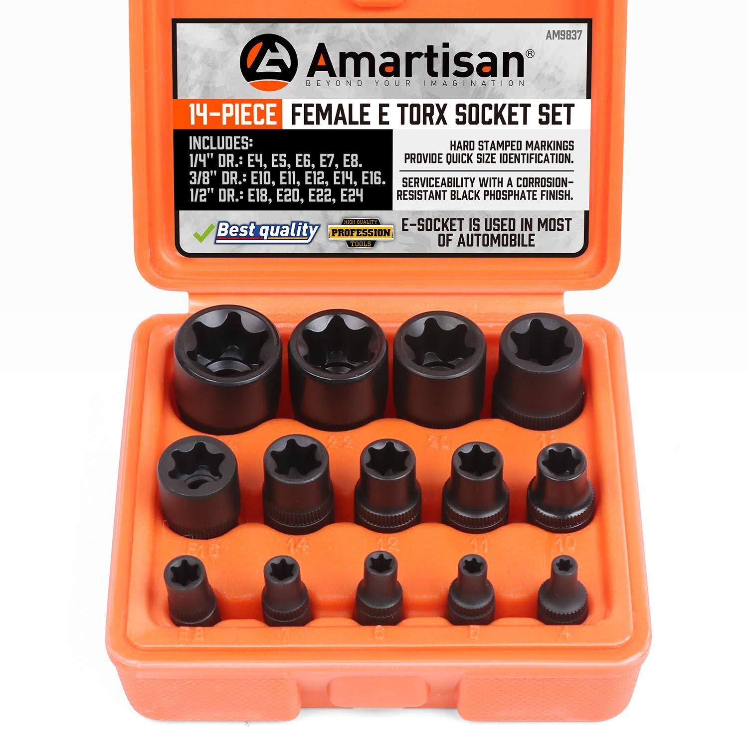 Amartisan 14 PC Female E-Torx Star Socket Set/Rail, 1/4