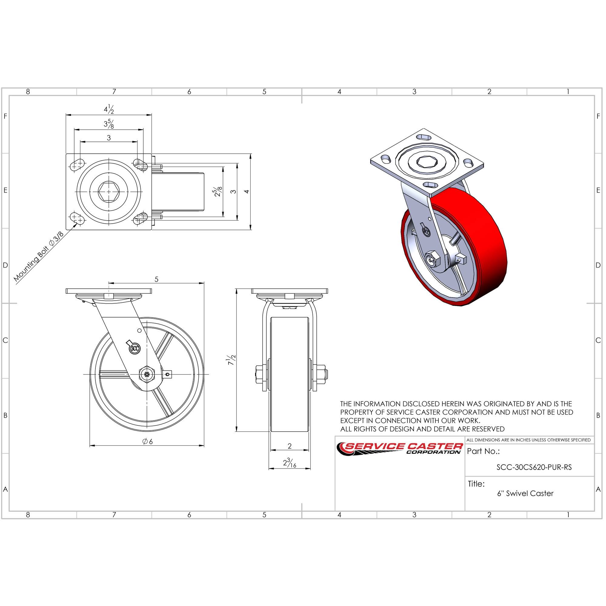Polyurethane on Cast Iron Swivel Top Plate Caster w/6