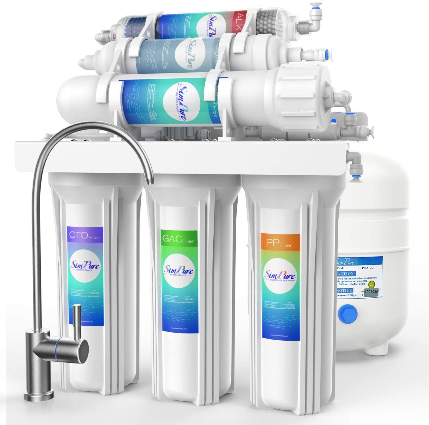 Simpure Under Sink Water Filter System, 6-Stage 100 gpd Reverse Osmosis Filtration System Alkaline Water Purifier NSF Certified with Faucet & Tank