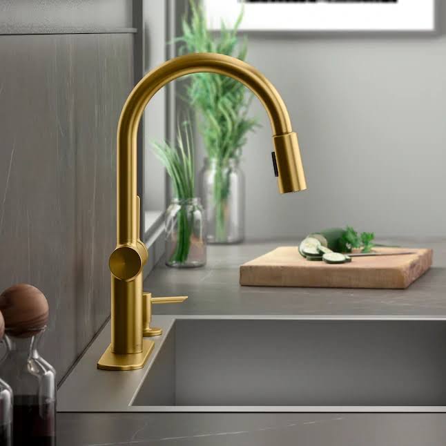 Kohler Koi Vibrant Brushed Moderne Brass Single Handle Pull-Down Kitchen Faucet with Deck Plate and Soap Dispenser Included | K-R22940-SD-2MB