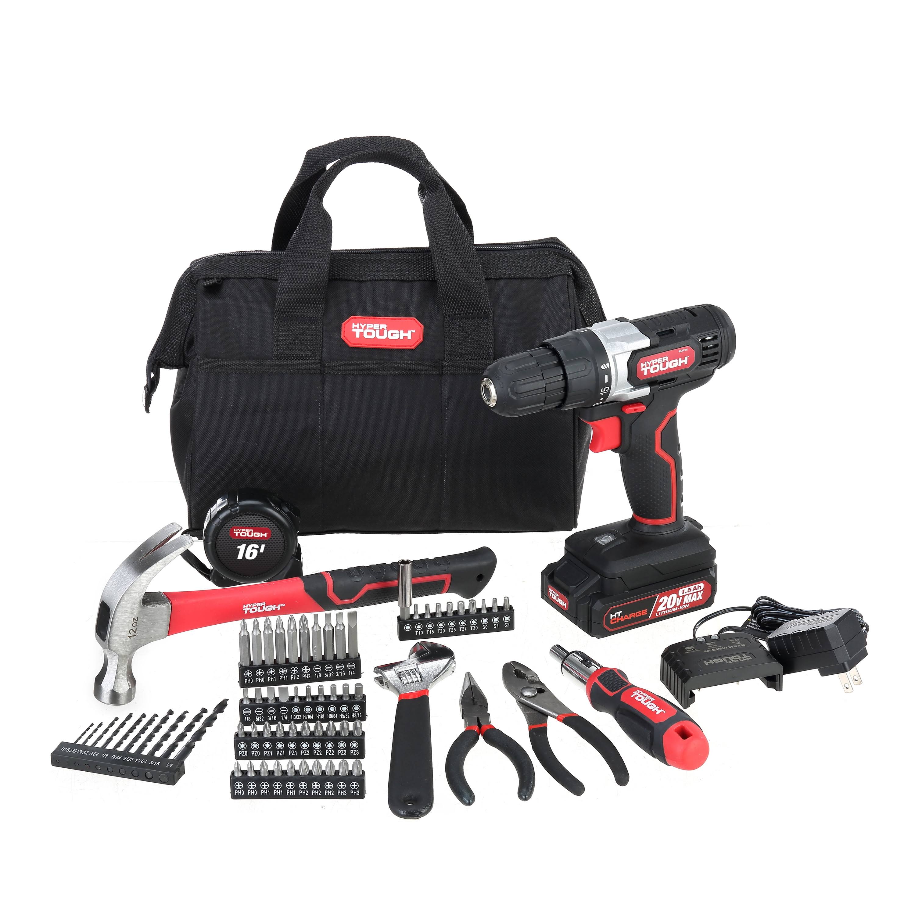 Hyper Tough 20V Max Lithium-Ion 3/8 inch Cordless Drill 70-Piece Home Tool Set 1.5Ah Lithium-Ion Battery & Charger Bit Holder & Storage Bag