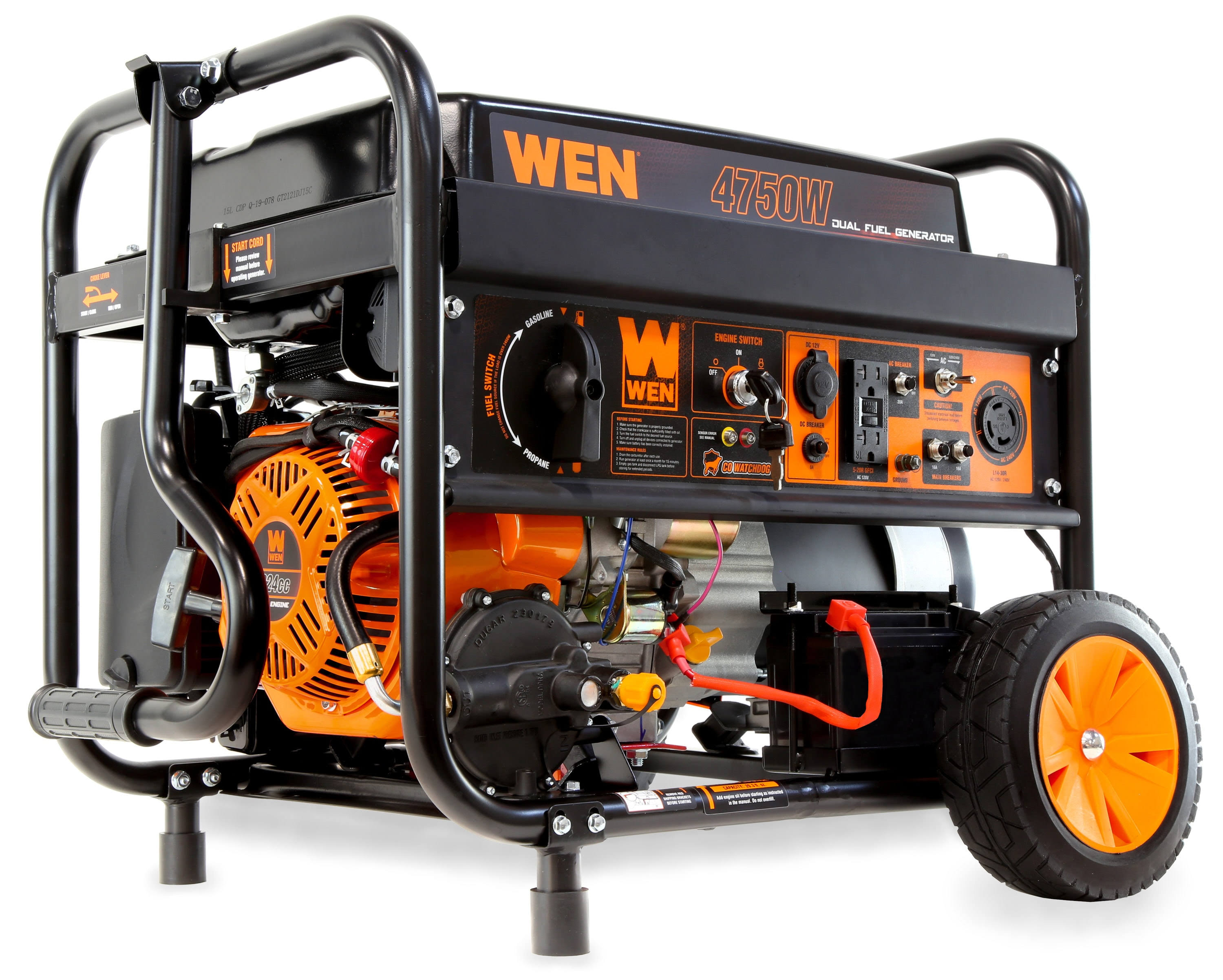 WEN DF475X 4750-Watt 120-Volt/240-Volt Dual Fuel Electric Start Portable Generator with Wheel Kit and Co Shutdown Sensor