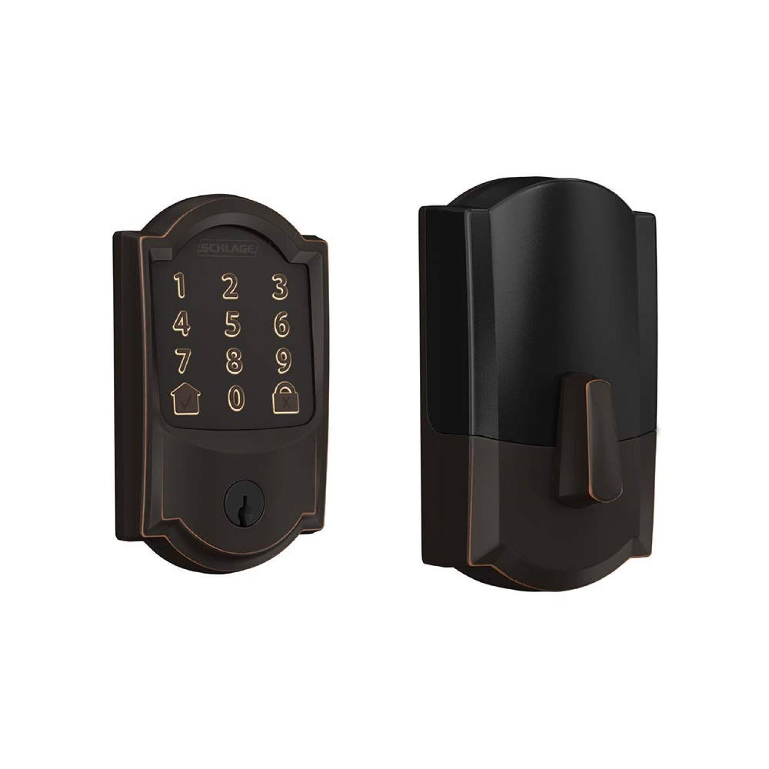 Schlage Camelot Encode Smart WiFi Deadbolt Door Lock with Alarm in Aged Bronze