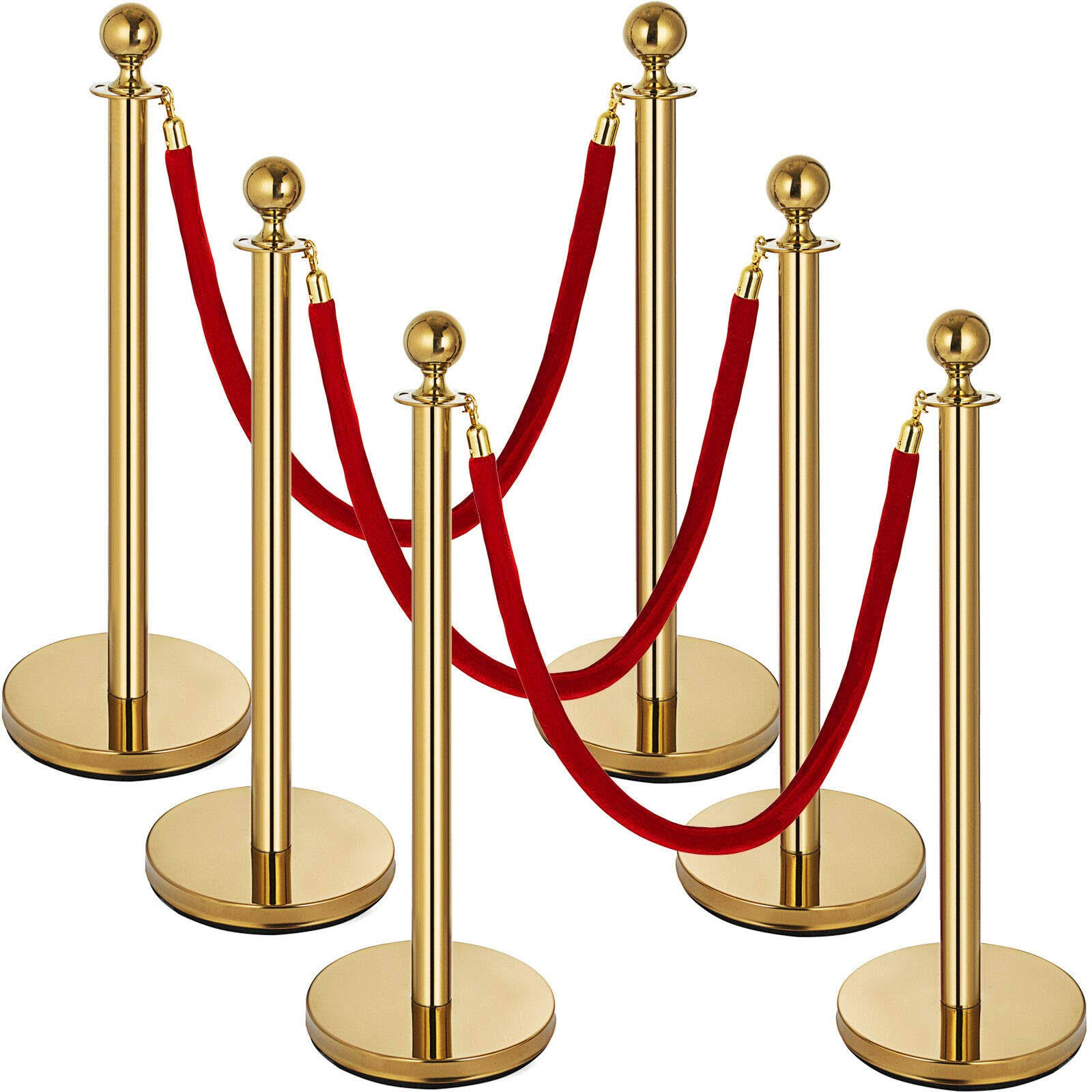 HYNAWIN Gold Stanchion Set 6pcs, Stanchion Posts Queue Pole 5ft 3 Red Velvet Ropes Crowd Control Barrier