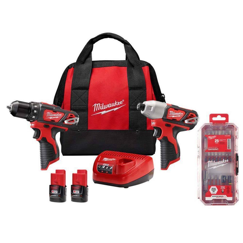 Milwaukee M12 12-Volt Lithium-Ion Cordless 2-Tool Combo Kit w/SHOCKWAVE Impact Duty Alloy Steel Screw Driver Bit Set (25-Piece)