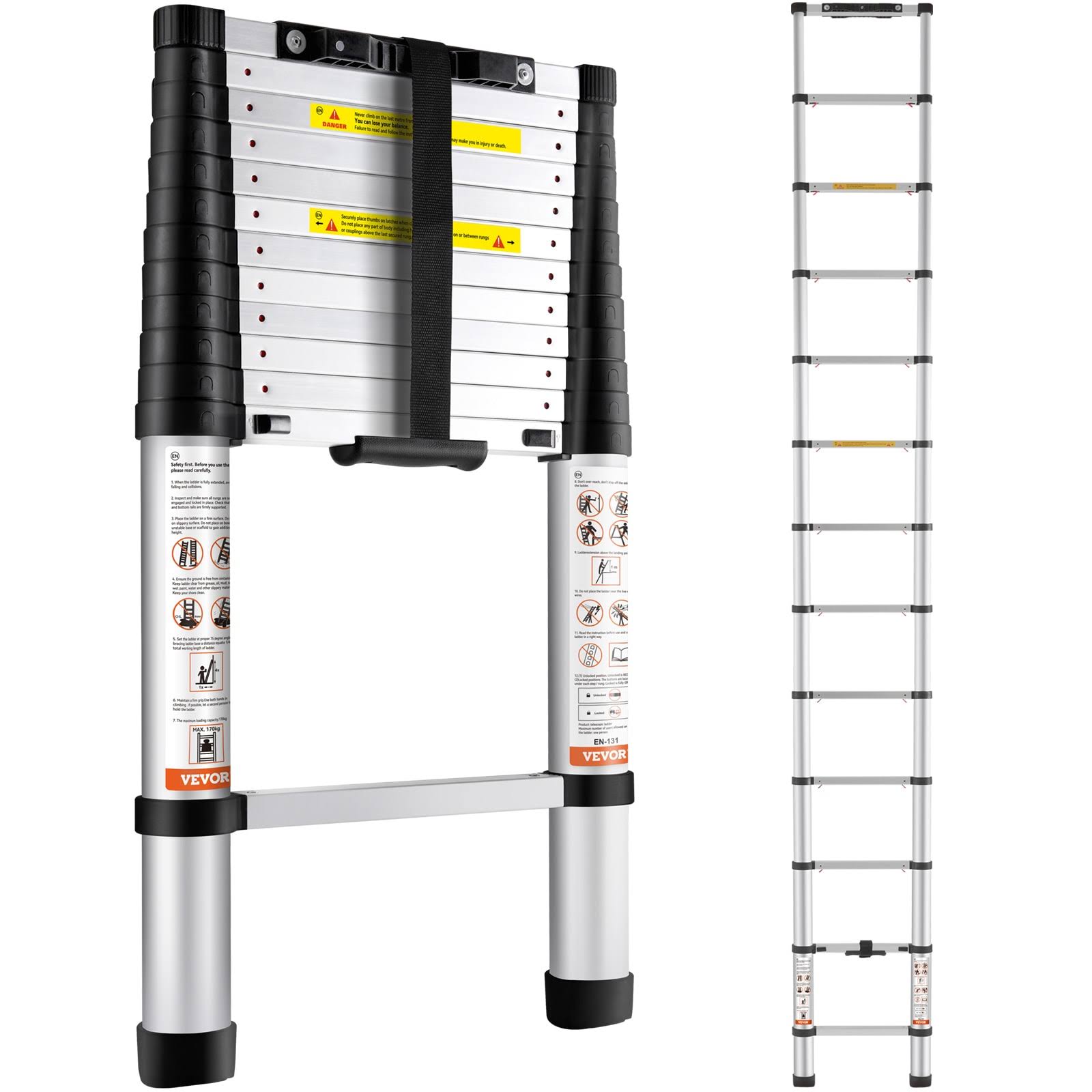 VEVOR Telescoping Ladder, 12.5 ft Aluminum One-Button Retraction Collapsible Extension Ladder