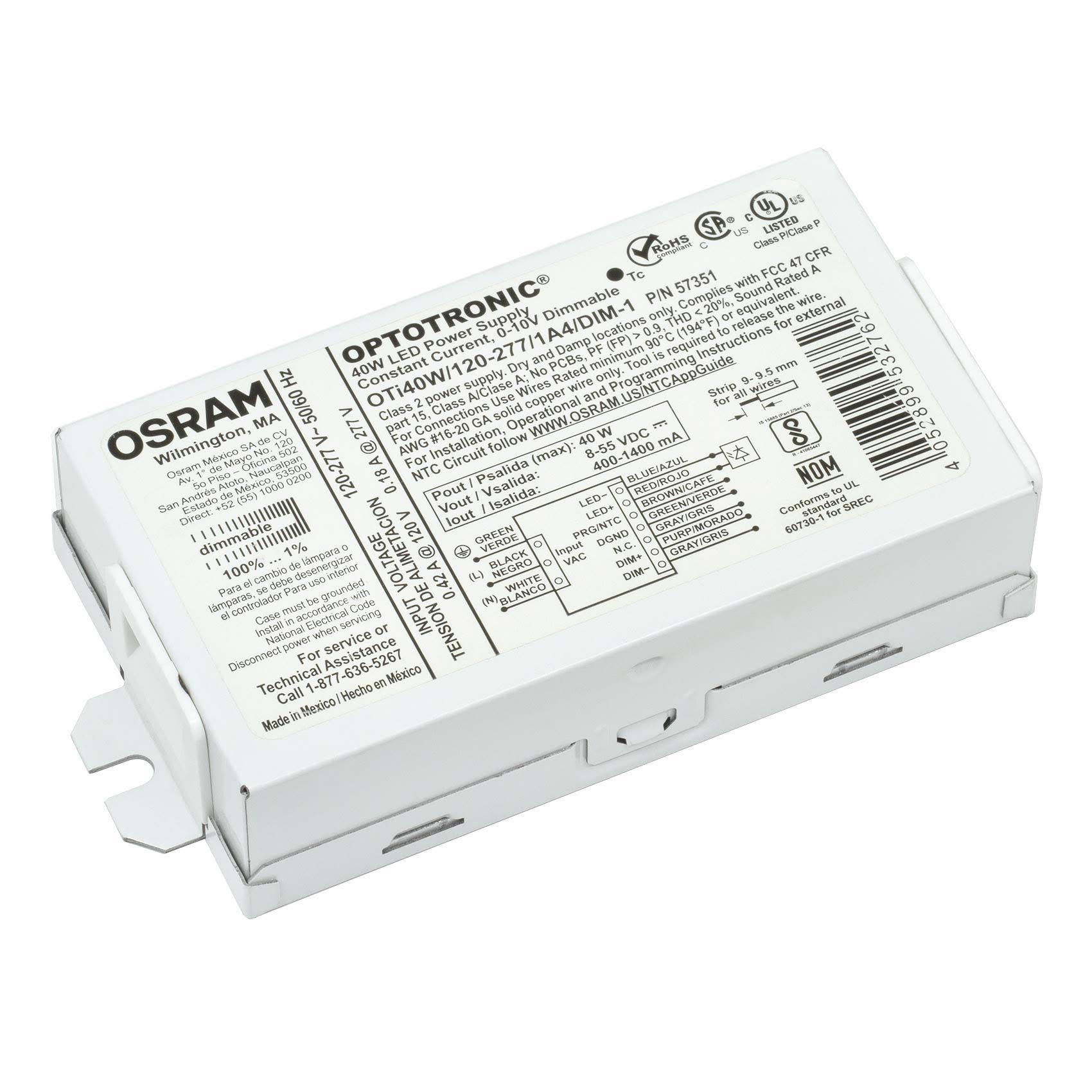 Osram 57351 OPTOTRONIC 40W 120/277V AC 50/60Hz Constant Current Dimmable Compact LED Driver Oti 40W/120-277/1A4 DIM-1
