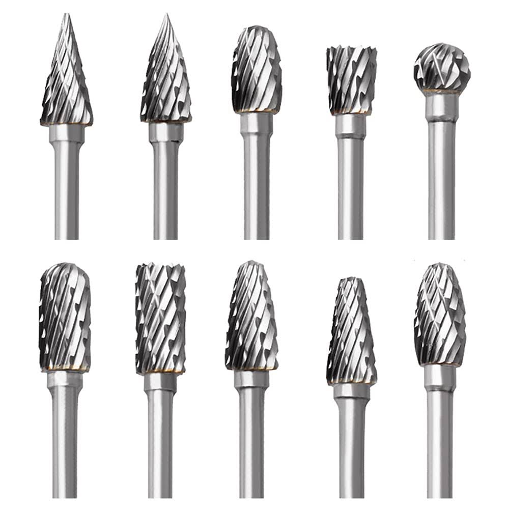 FOTYBEI Tungsten Carbide Rotary Burr Set for Dremel, 10pcs Carbide Double Cut Carving Burr Bits with 1/8