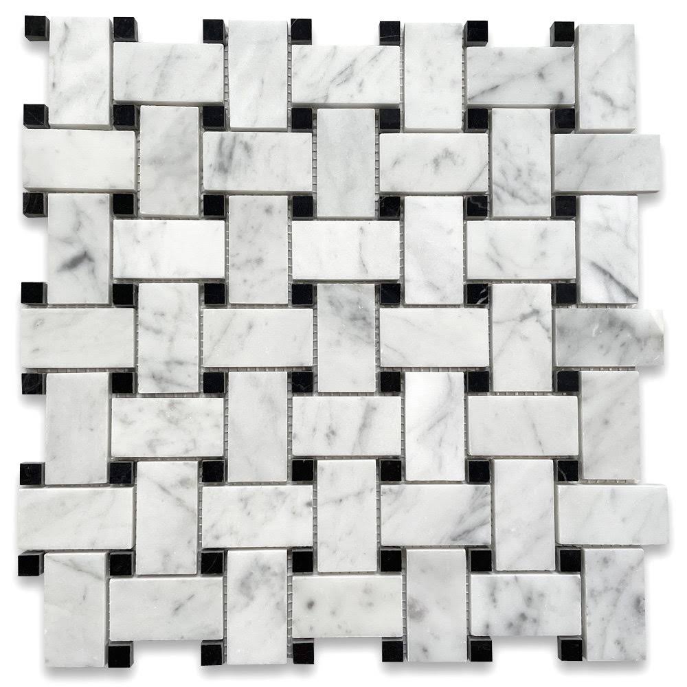 Stone Center Online Carrara White Marble 1x2 Basketweave Mosaic Tile w/Nero Marquina Black Dots Polished Kitchen Bath Wall Floor