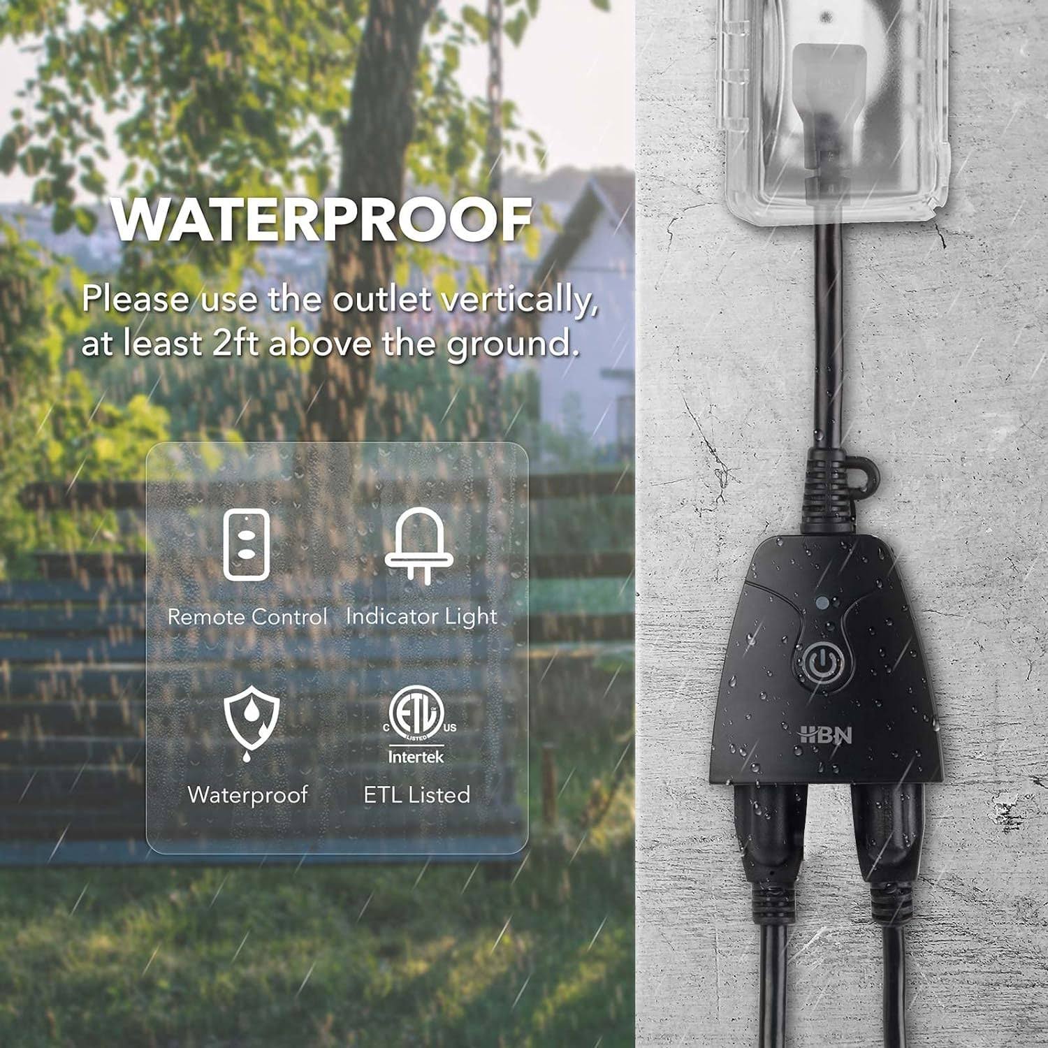 HBN Outdoor Indoor Wireless Remote Control Dual 3-Prong Outlet Black