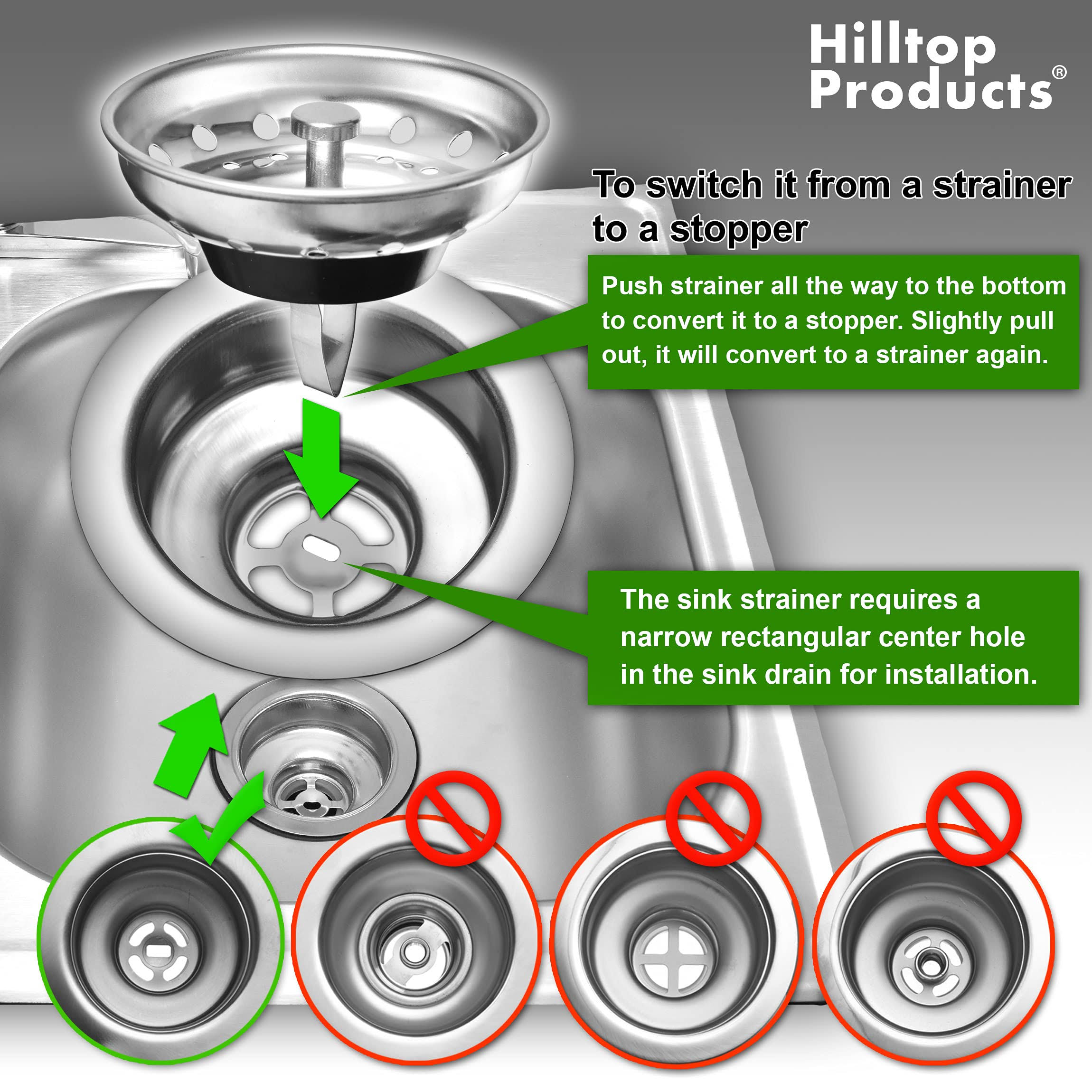 Hilltop Products 2 Pack- Kitchen Sink Strainer and Stopper Combo Basket Spring Clip Replacement for Standard 3-1/2 inch Drain, Stainless Steel Basket
