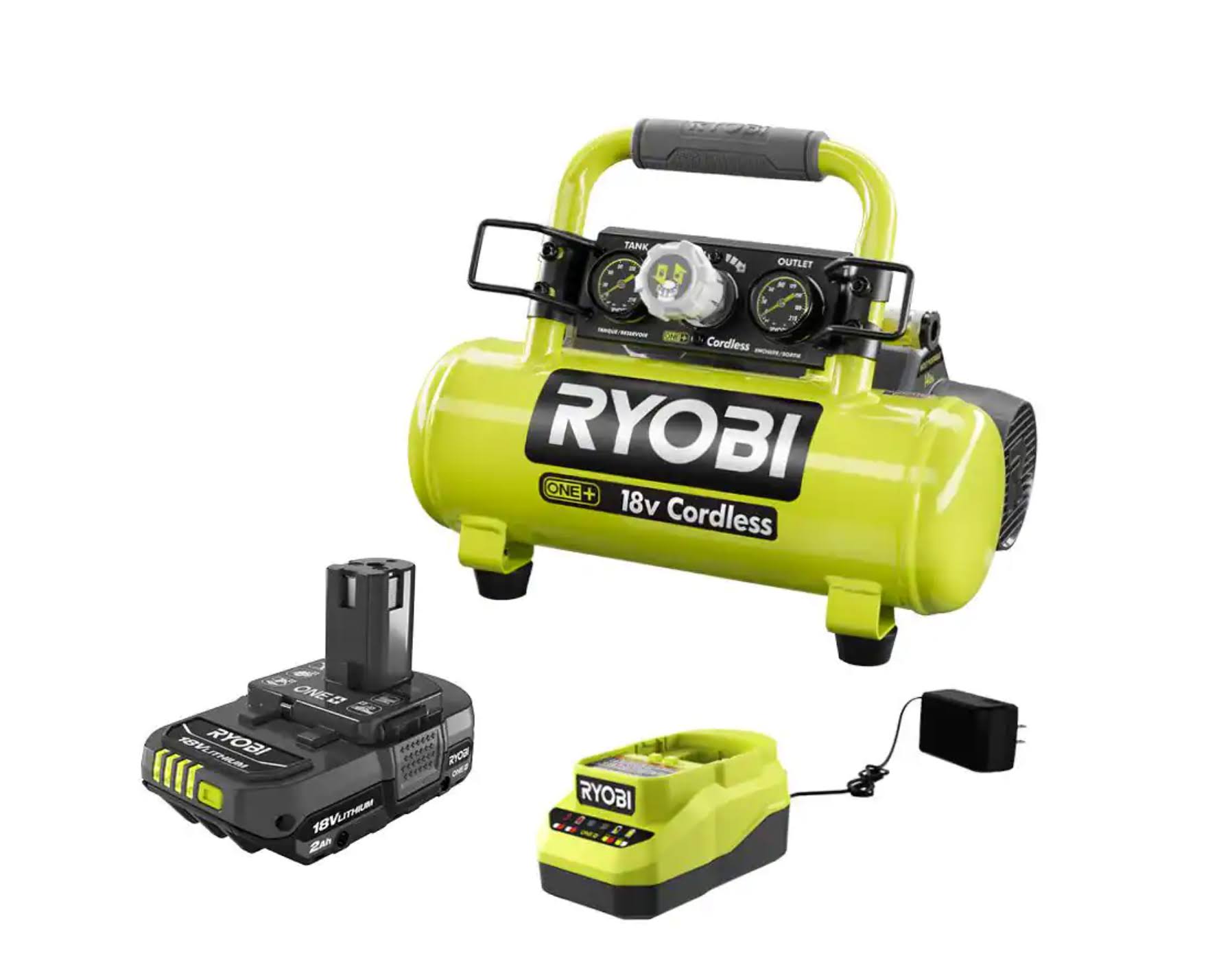 Ryobi One+ 18V Cordless 1 gal. Portable Air Compressor and 2.0 Ah Compact Battery and Charger Starter Kit