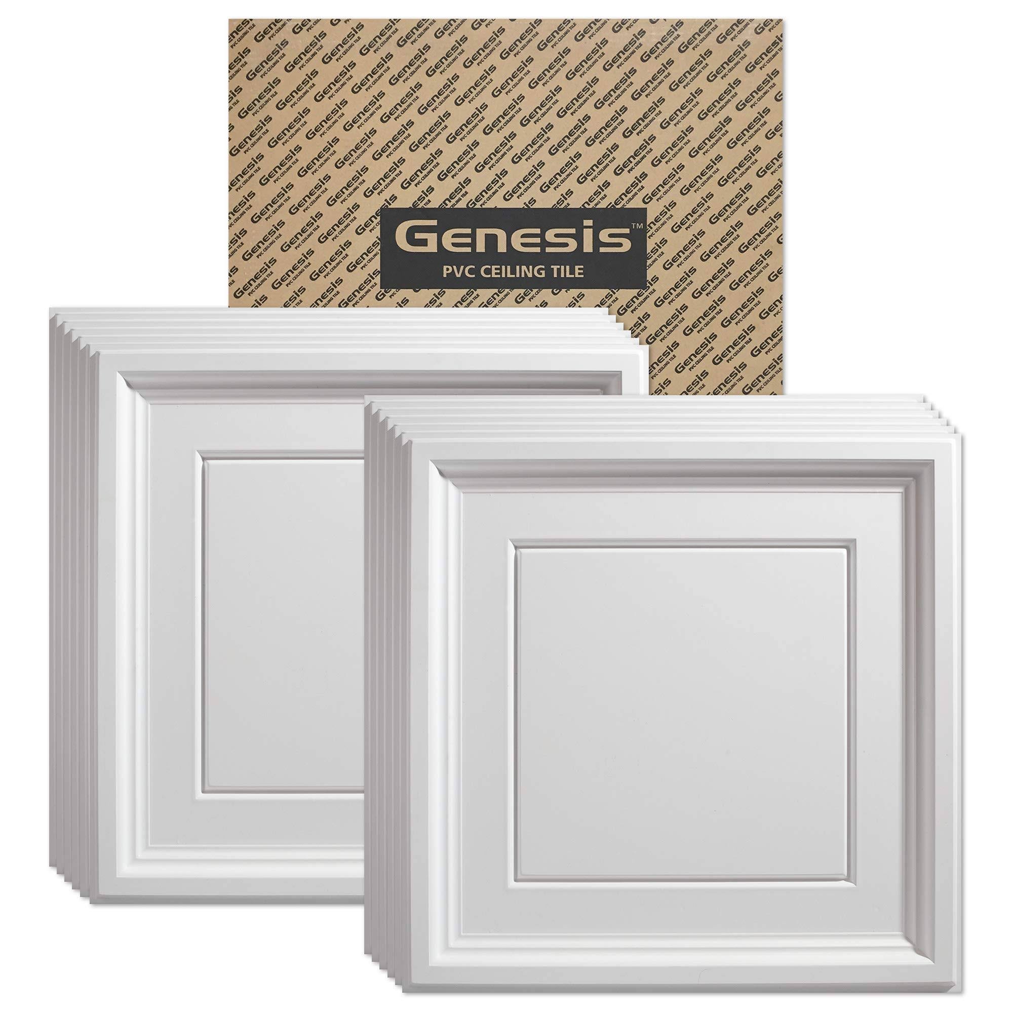 Genesis 2ft x 2ft White Icon Coffer Ceiling Tiles- Easy Drop-In Installation- Waterproof Washable and Fire-Rated- High-Grade PVC to Prevent