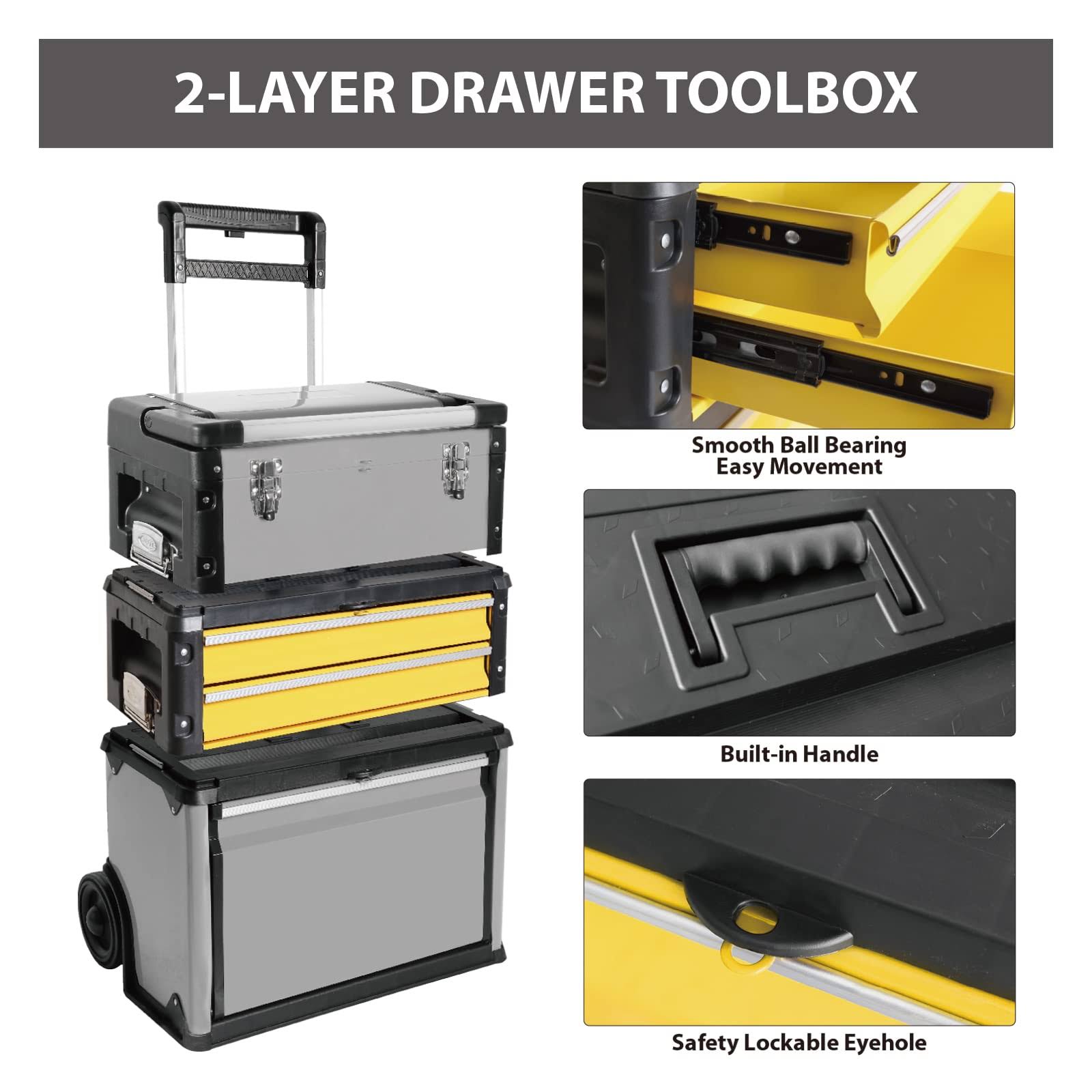 Big Red Stackable Portable Metal Tool Box Organizer with Wheels and 2 Drawers, Rolling Upright Trolley Tool Chest for Garage or Workshop,Yellow