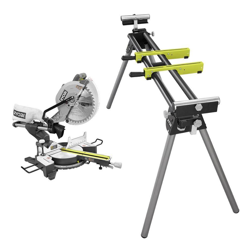 Ryobi 15 Amp 12 in. Corded Sliding Compound Miter Saw with LED Cutline Indicator with Universal Miter Saw QuickStand