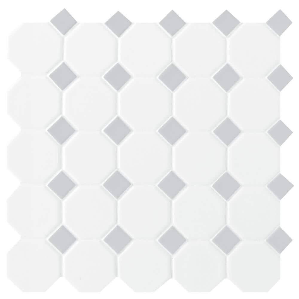 Daltile Octagon and Dot Matte White with Gray Dot 4 in. x 4 in. Mosaic Tile Sample