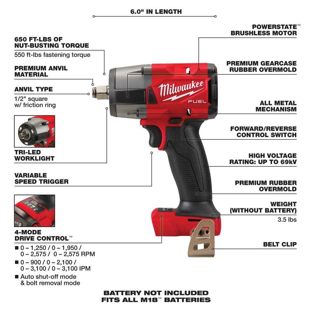 Milwaukee M18 Fuel Gen-2 18-Volt Lithium-Ion Brushless Cordless Mid Torque 1/2 in. Impact Wrench F Ring w/5.0Ah Starter Kit