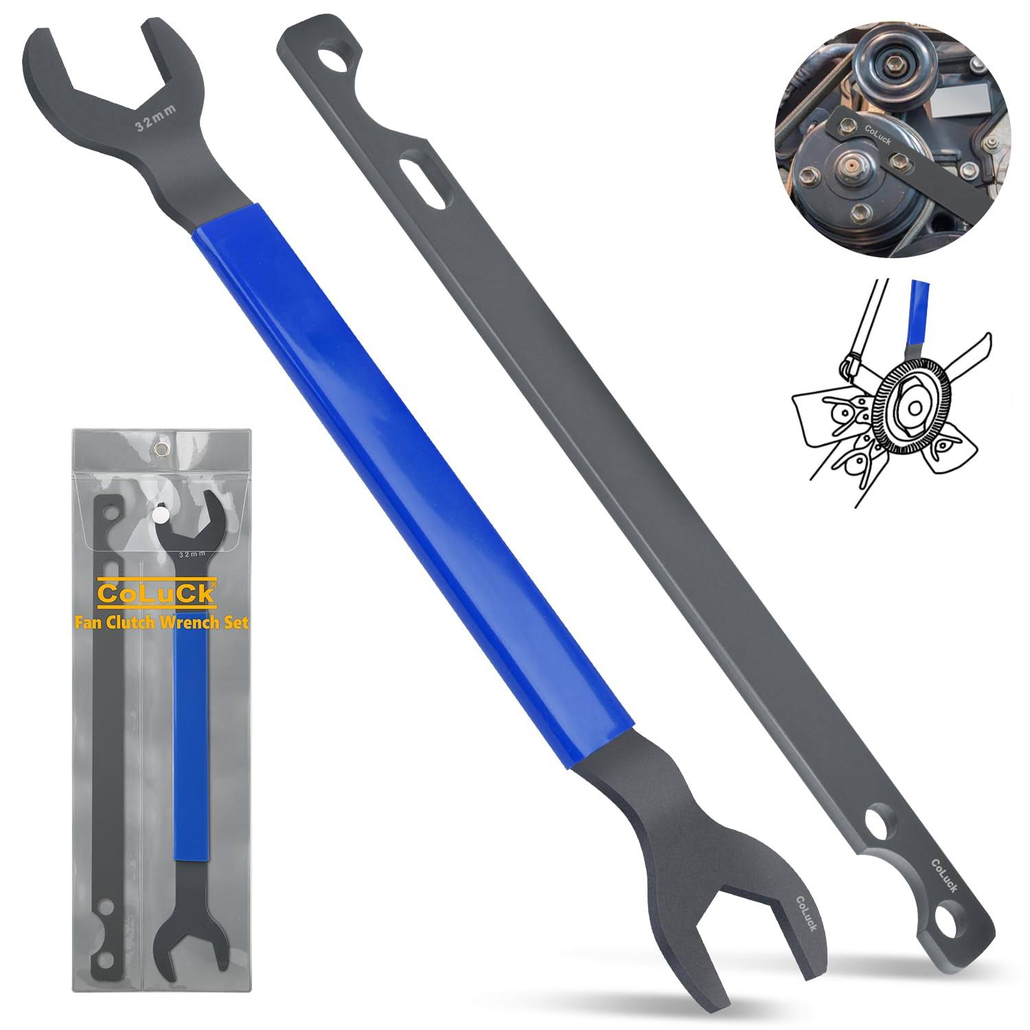 CoLuck Fan Clutch Wrench Set- 32mm & 36mm Wrenches- Fan Clutch Removal Tool Compatible with BMW, GM, Chevrolet, Fan Clutch Tool, Water Pump Holder