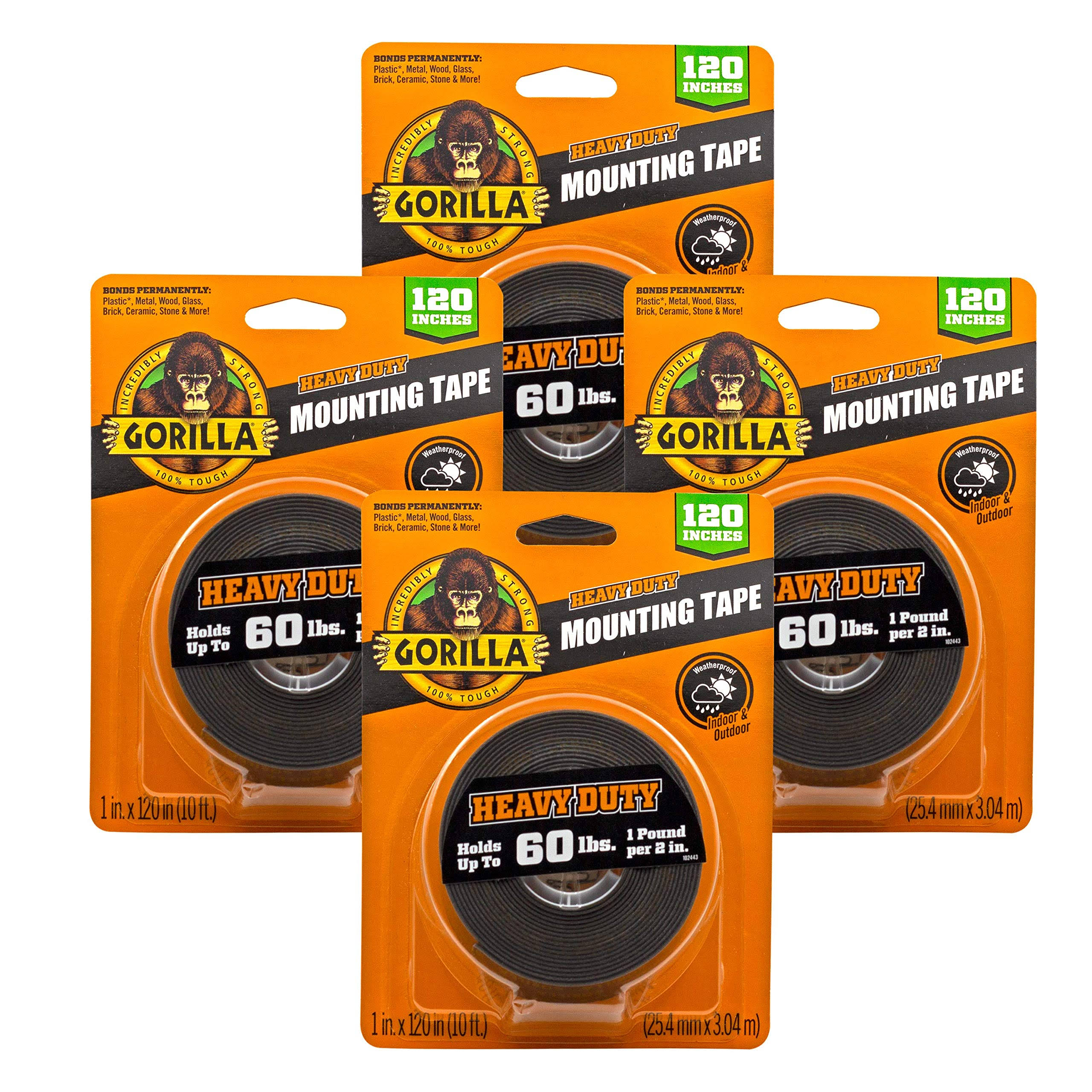 Gorilla Heavy Duty Double Sided Mounting Tape XL, 1 inch x 120 inch, Black (Pack of 4), Size: 4 Pack