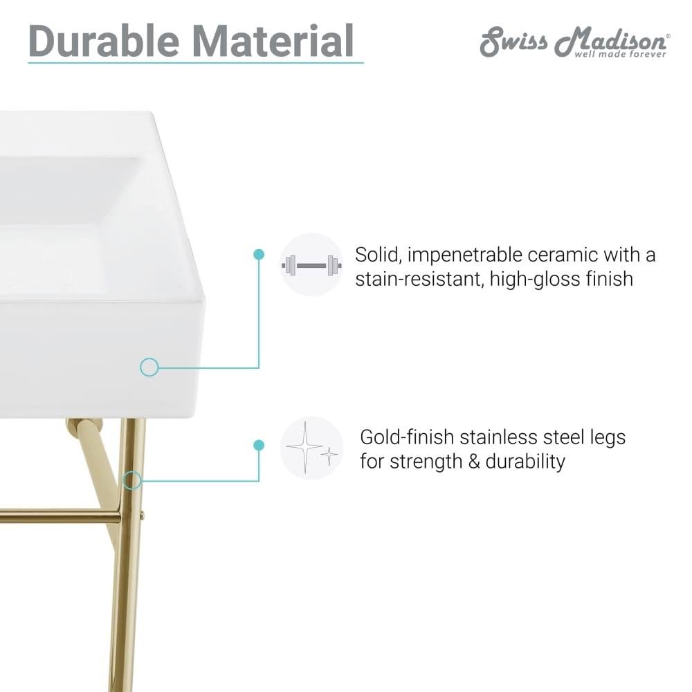 Swiss Madison Claire 24 Ceramic Console Sink White Basin, Brushed Gold
