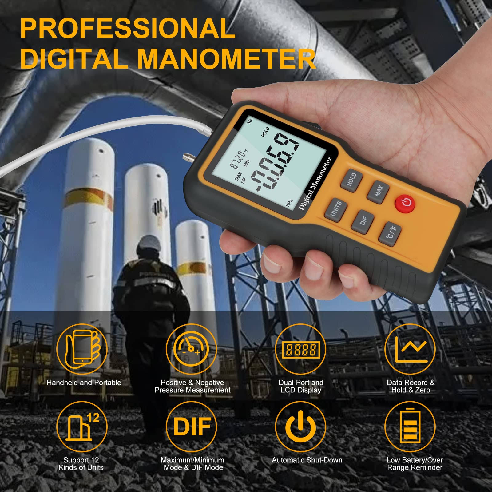 Abtoff Manometer, Professional Air Pressure Meter, Dual-Port HVAC Digital Manometer GAS Pressure Tester,12 Selectable Units Differential Pressure Gauge,