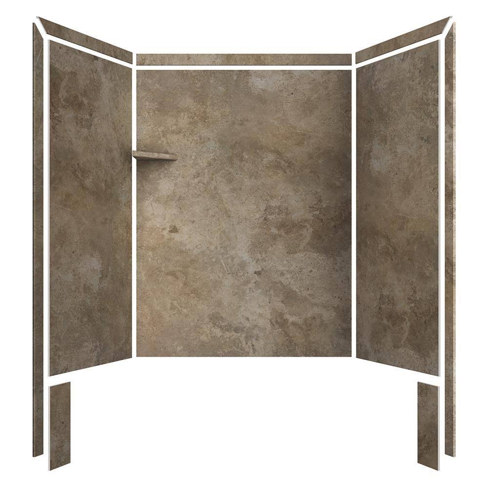 FlexStone Royale 36 in. x 60 in. x 80 in. 11-Piece Easy Up Adhesive Alcove Bathtub/Shower Wall Surround in Mocha Travertine