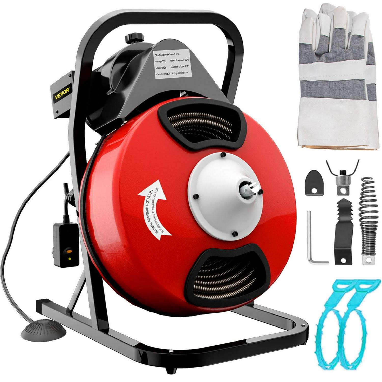 Vevorbrand Drain Cleaner Machine 50FTX1/2IN Sewer Snake Drain Auger Cleaner Electric Drain Cleaning Machine, Size: 2 in, Red